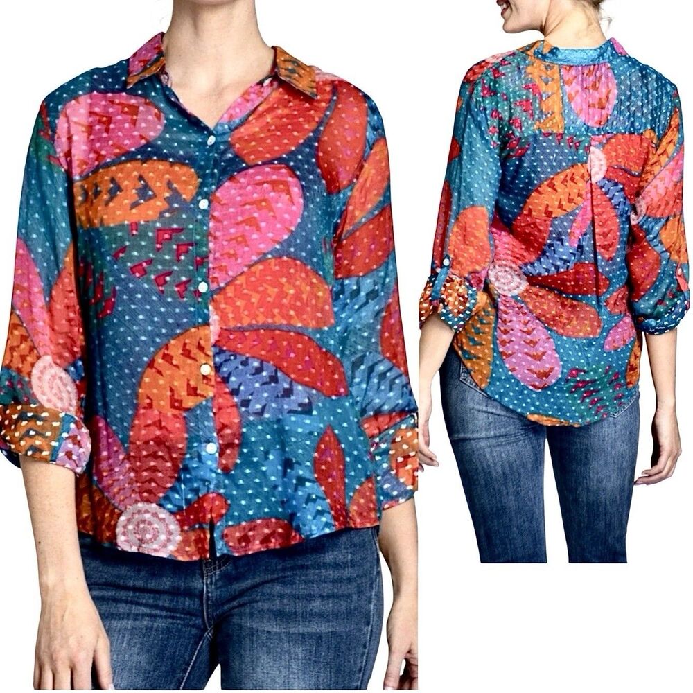 APNY Women’s L Button Shirt Long Sleeve Roll Tab Semi Sheer Chiffon Artsy Floral